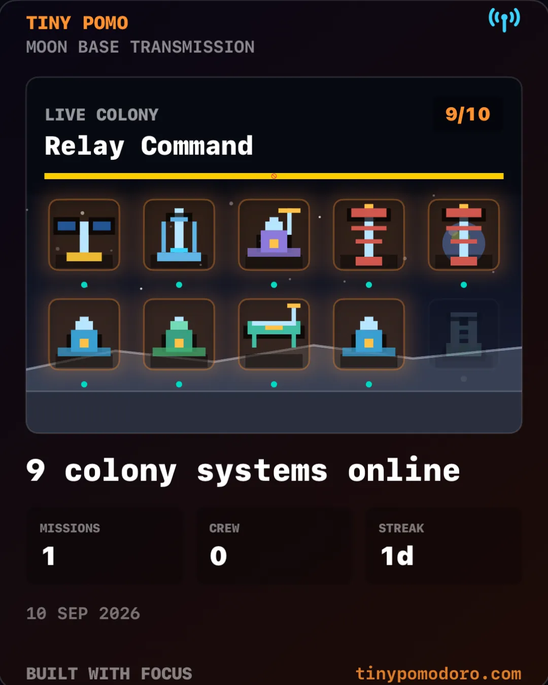 Generated 4:5 colony postcard showing Relay Command progress, colony systems online, missions, crew, and streak