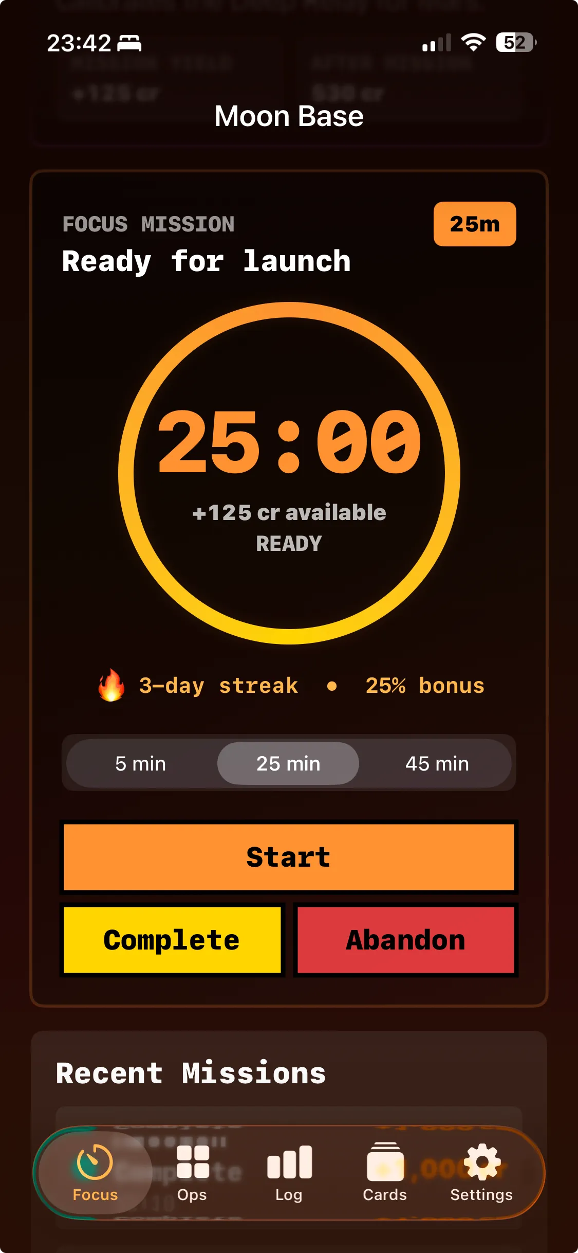 Focus screen showing a 25-minute Pomodoro mission ready to start