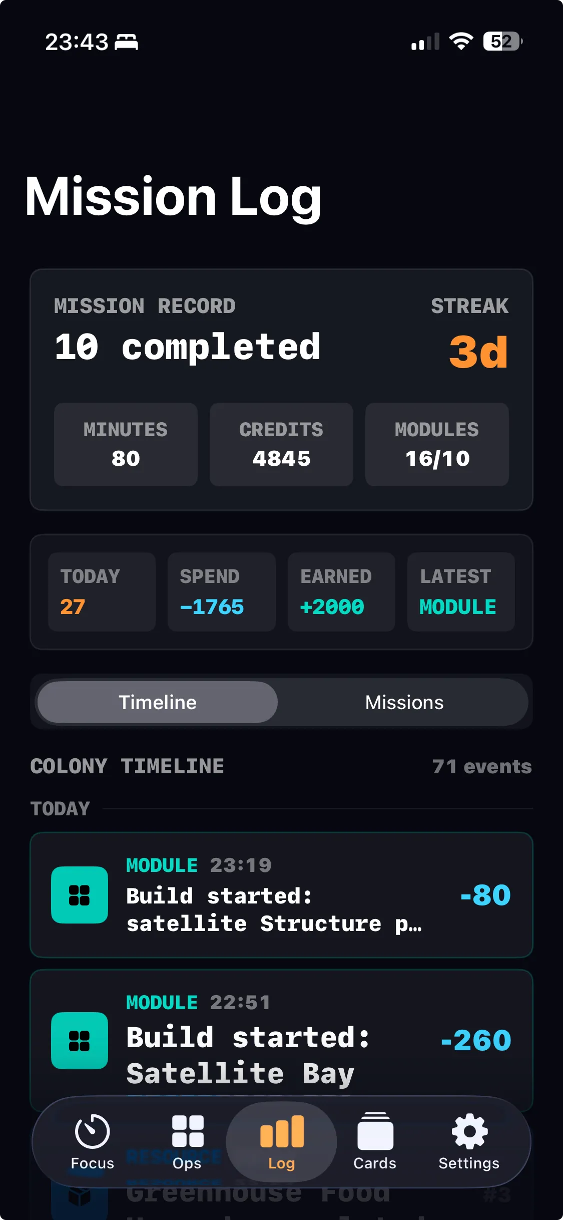 Mission log with completed sessions