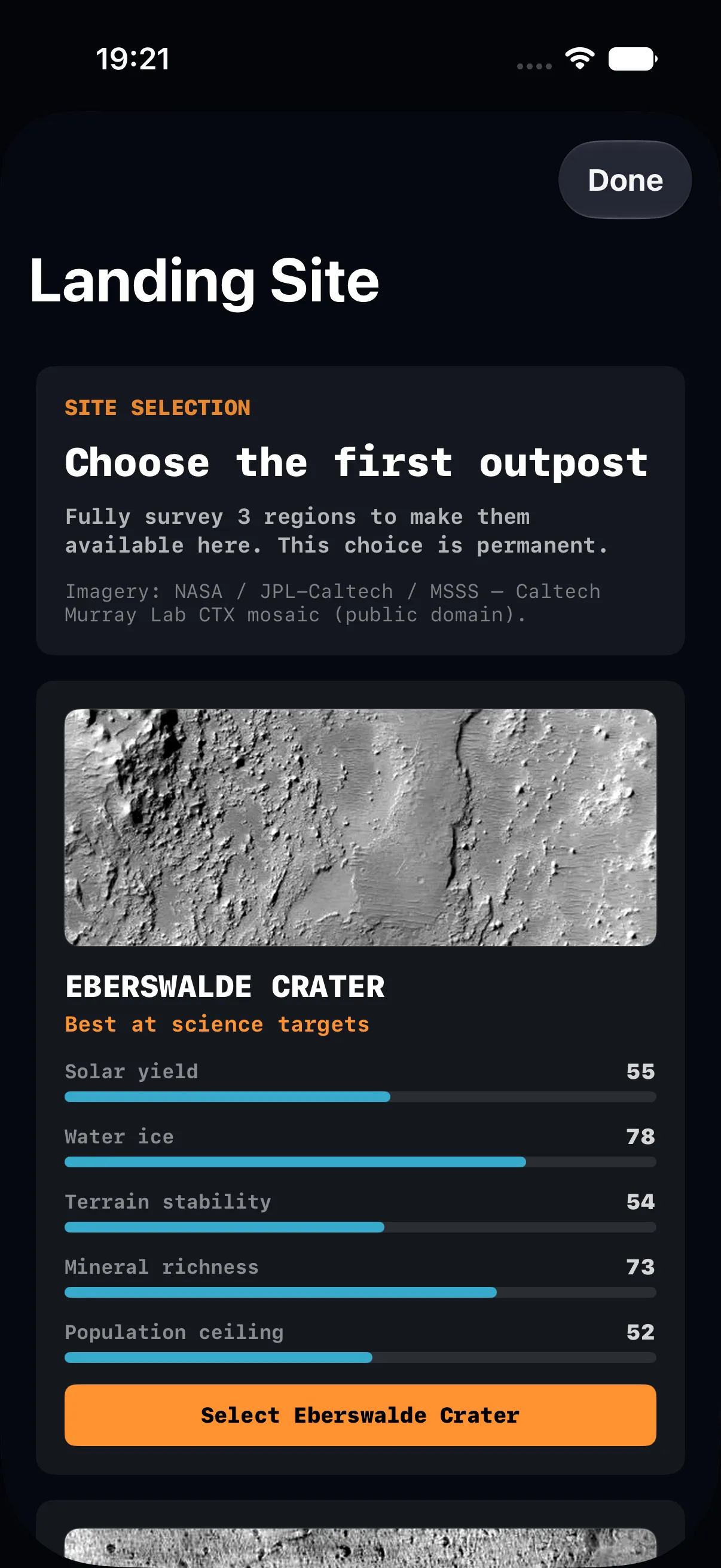 Current Mars landing-site comparison screen