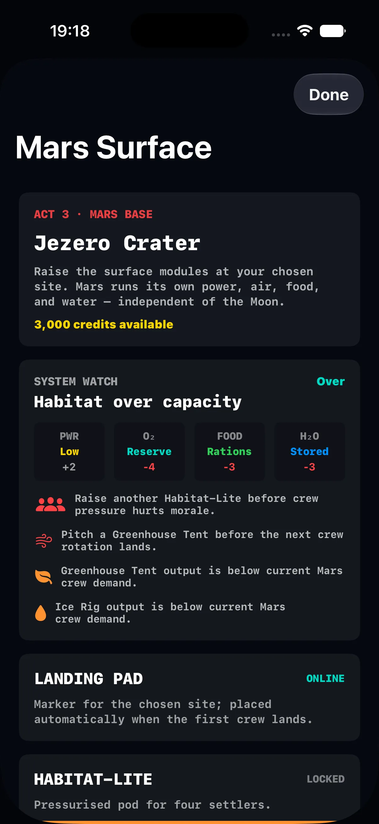 Current Mars Surface operations screen