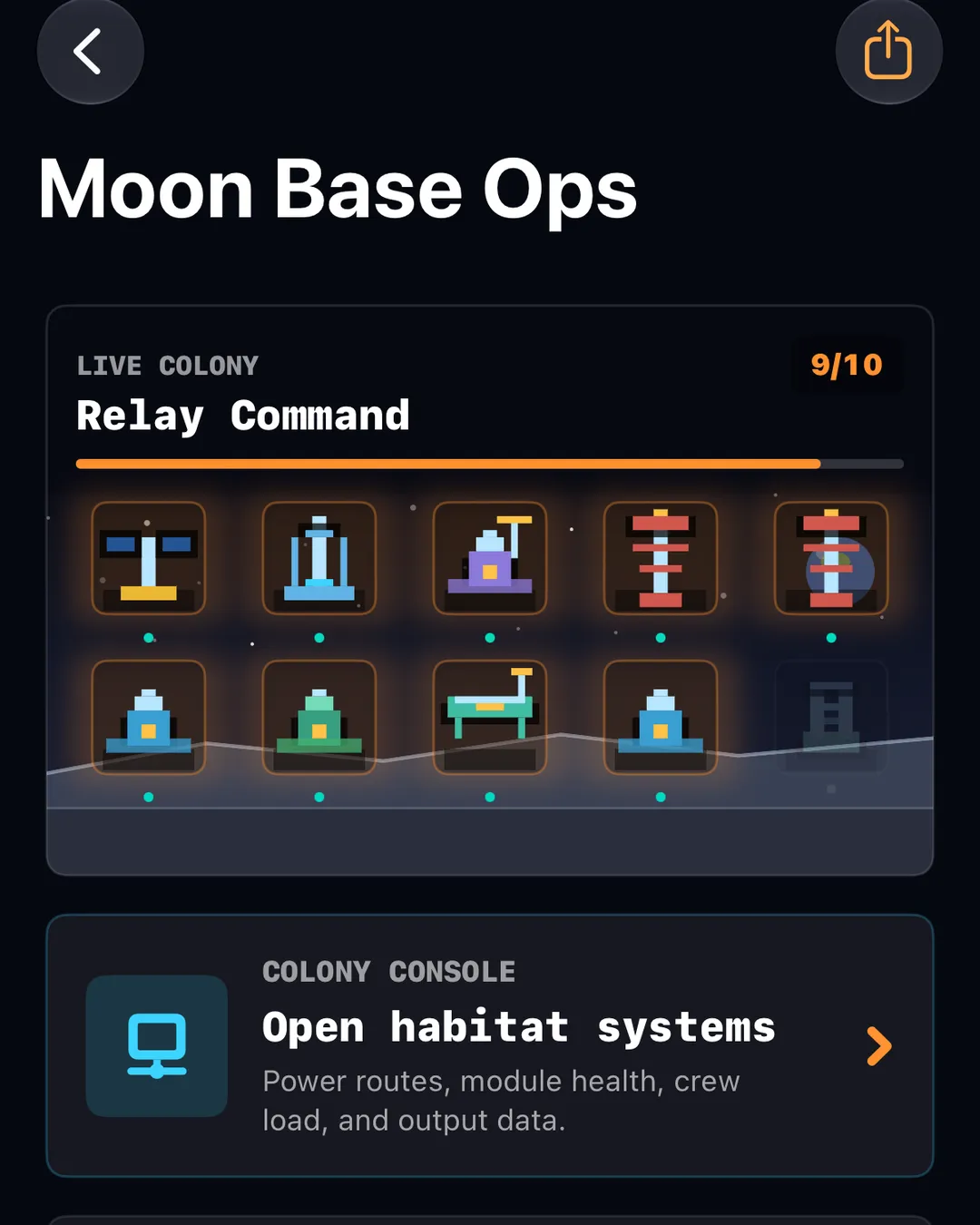 Current Moon Base Ops screen with a share icon in the top corner that generates a colony postcard