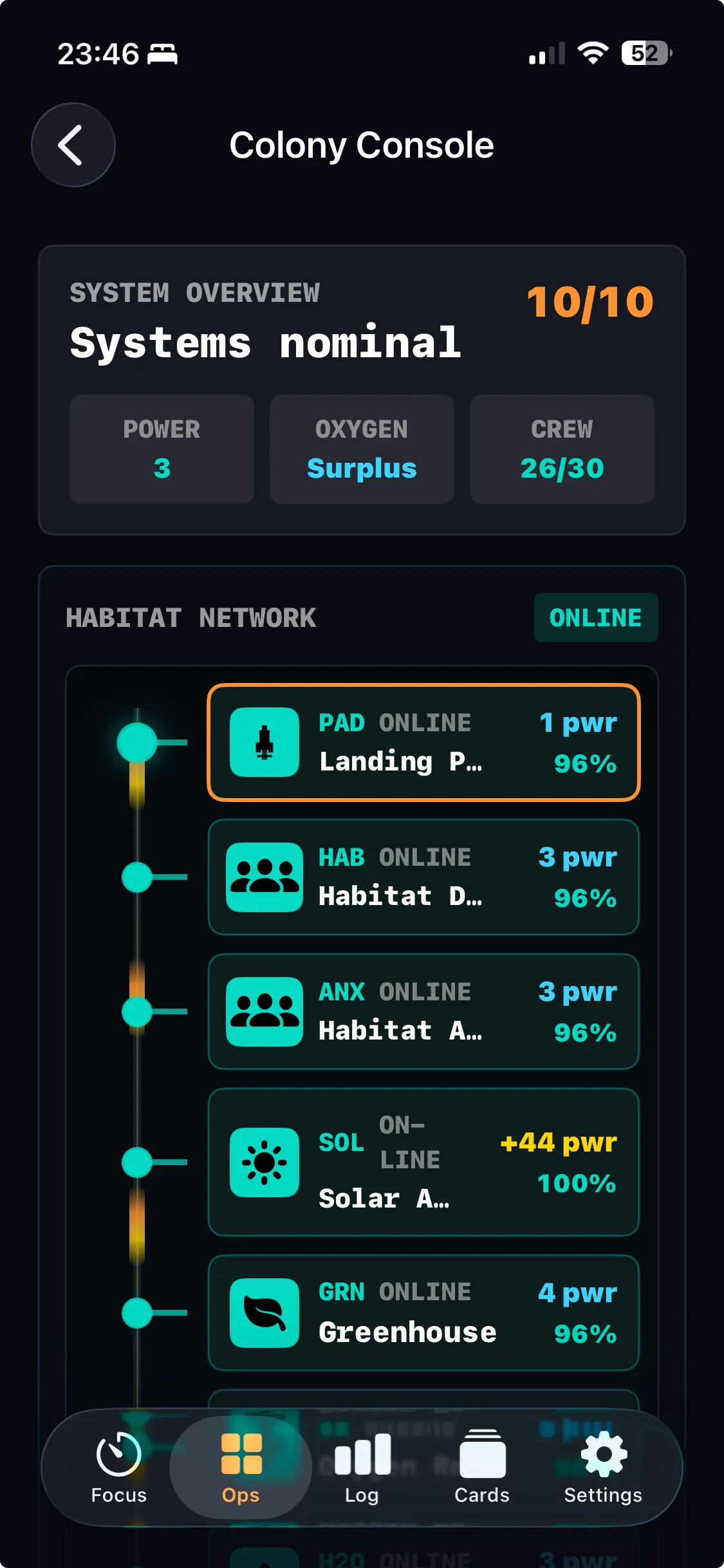 Colony console showing the habitat network status with power and crew